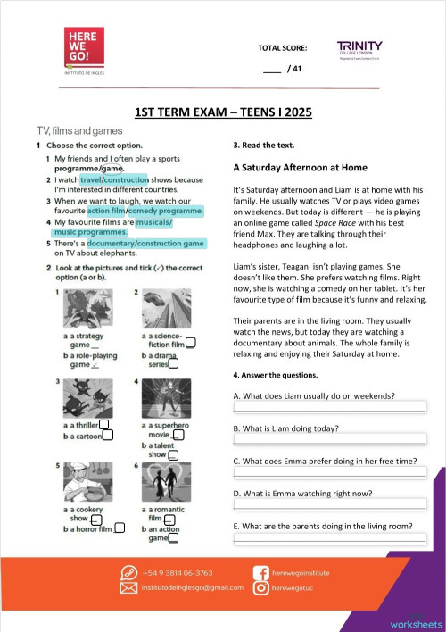 1st Term Exam - Teens I (TT). Interactive worksheet | TopWorksheets