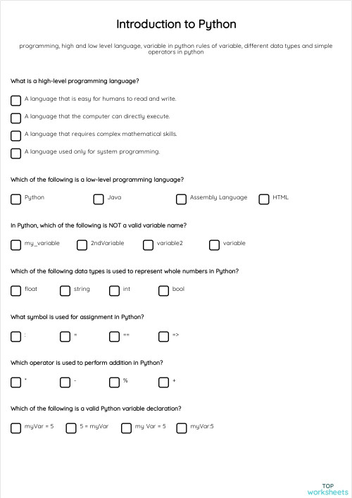 Introduction to Python. Interactive worksheet | TopWorksheets