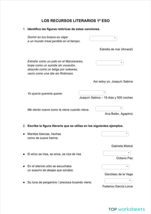 Los recursos literarios 1º ESO. Ficha interactiva | TopWorksheets
