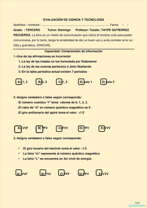 Examen de ciencia y tecnologia. Ficha interactiva | TopWorksheets