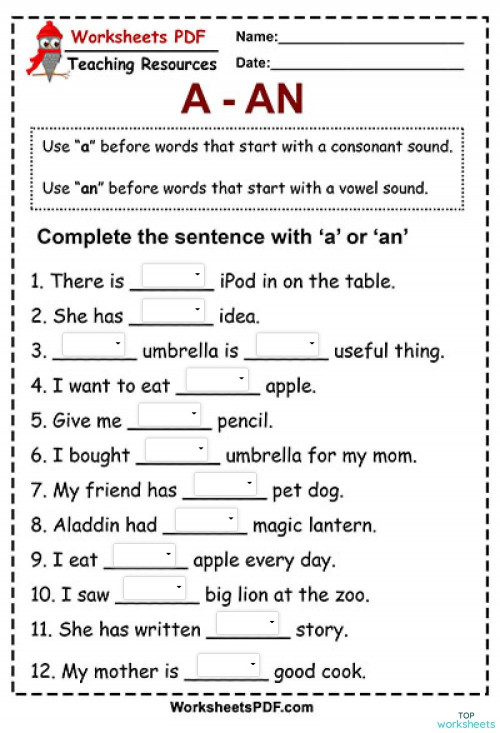 Práctica A/an. Interactive worksheet | TopWorksheets pr-ctica-a-an-interactive-worksheet-topworksheets