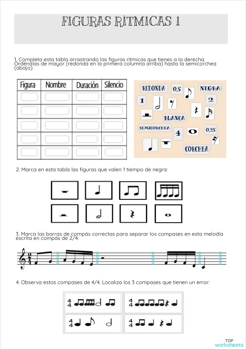 FIGURAS RÍTMICAS 1 (3º ESO). Ficha interactiva | TopWorksheets