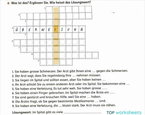 Im Spital. Kreuzworträtsel. Interaktives Arbeitsblatt | TopWorksheets