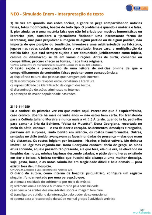 NEO - Simulado Enem - Interpretação de texto 1. Ficha interativa ...