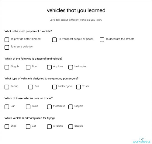 vehicles that you learned. Interactive worksheet | TopWorksheets