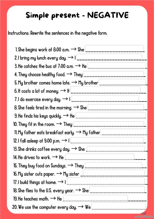 Woksheet - Simple present- Negative. Interactive worksheet | TopWorksheets