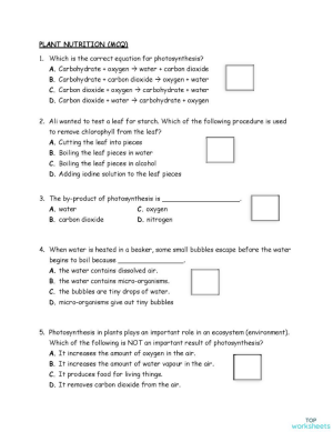 Plant nutrition (MCQs). Interactive worksheet | TopWorksheets