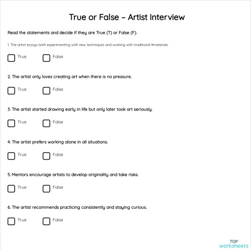 🎨 True or False – Artist Interview. Interactive worksheet | TopWorksheets