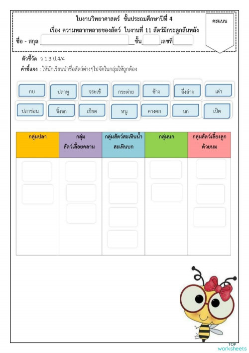 ใบงานเรื่องสัตว์มีกระดูกสันหลัง ชั้น ป.4 นายนิวัฒน์ สุรันนา ครูโรงเรียน