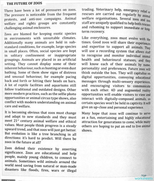 Reading Comp. The future of Zoos and 2 writing. Interactive worksheet