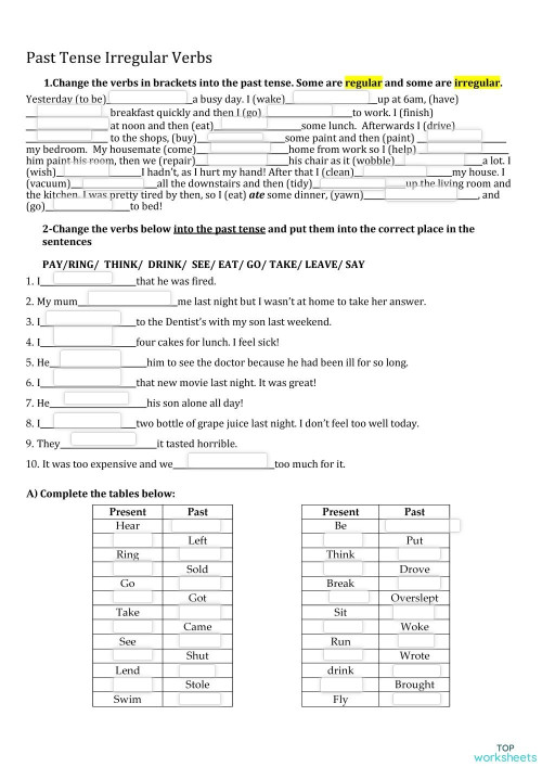 IRREGULAR PAST TENSE PRACTICE VET. Interactive worksheet TopWorksheets