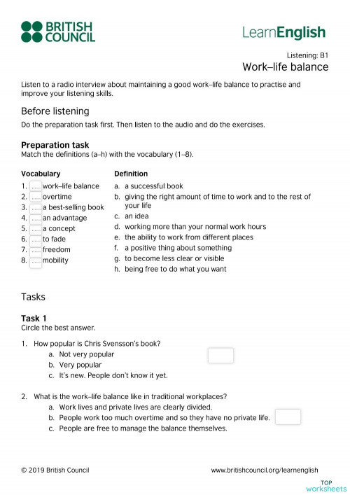 Listening Work life balance. Ficha interactiva | TopWorksheets