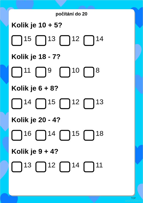 počítání do 20. Interaktivní pracovní list | TopWorksheets