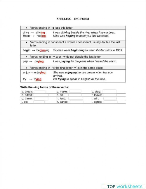 Spelling -ING. Interactive worksheet | TopWorksheets