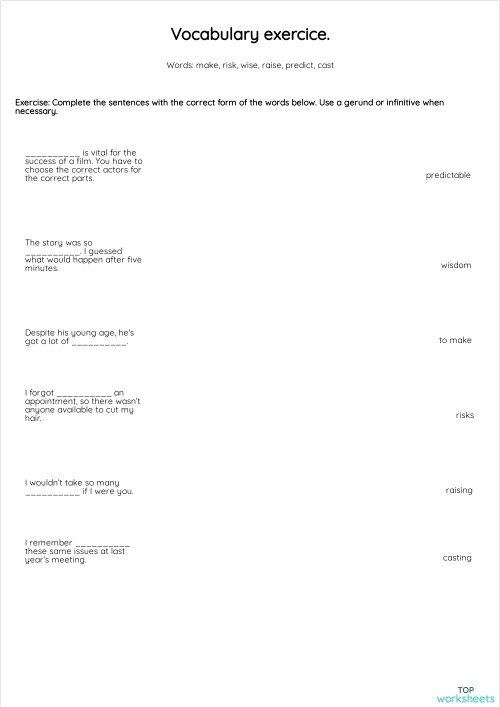 Vocabulary exercice.. Interactive worksheet | TopWorksheets