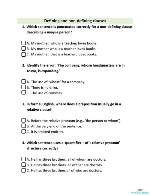 Defining and Non defining relative clause. Interactive worksheet ...