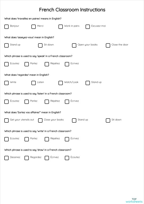 French Classroom Instructions. Interactive worksheet TopWorksheets