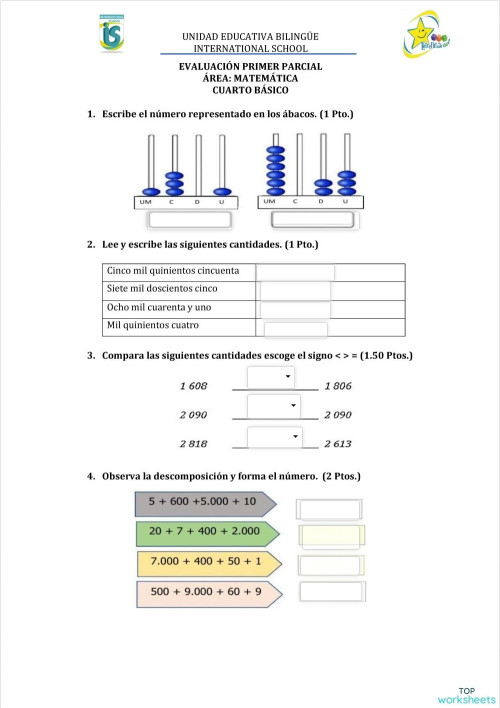 EVALUACIÓN PRIMER PARCIAL CUARTO MATEMÁTICA. Ficha interactiva ...
