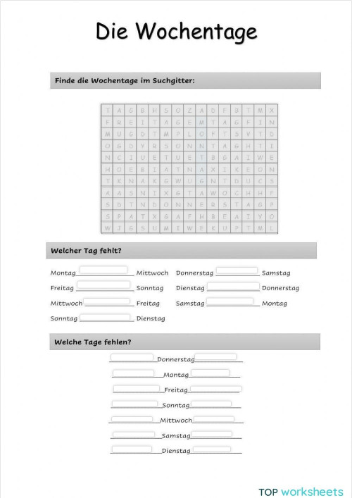 Die Wochentage. Interaktives Arbeitsblatt | TopWorksheets
