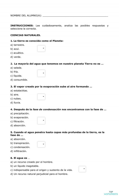 Examen de Ciencias. Ficha interactiva | TopWorksheets