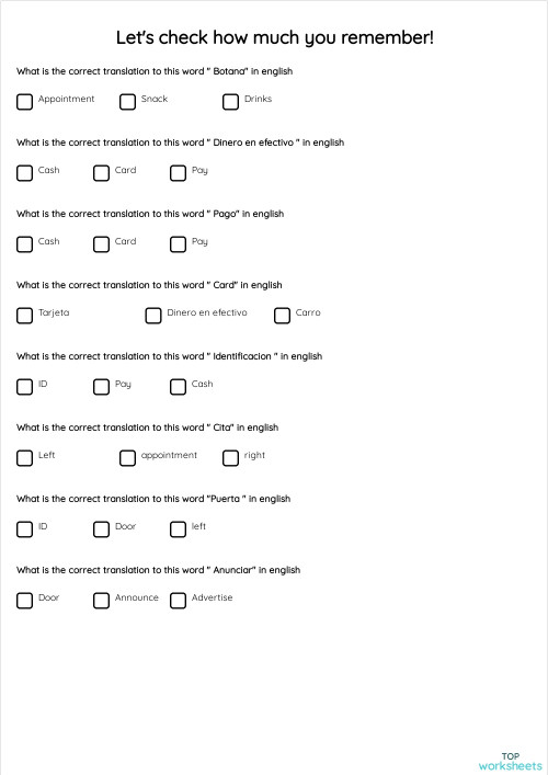 Let's check how much you remember!. Ficha interactiva | TopWorksheets