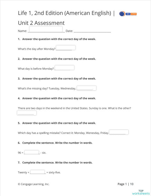 NEO LIFE 1 ASSESSMENT UNIT 2 PART I. Interactive worksheet | TopWorksheets