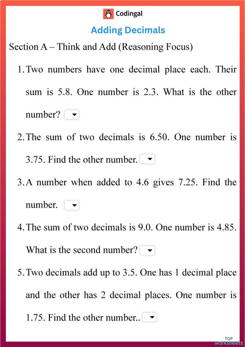 M_G05M08L17_WA03_Adding Decimals. Interactive worksheet | TopWorksheets