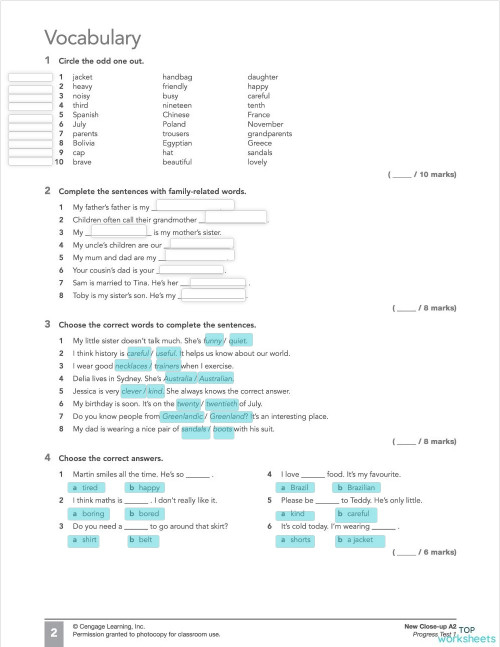 Close-Up A2 Progress Test 1 Vocabulary Units 1,2. Interactive worksheet ...
