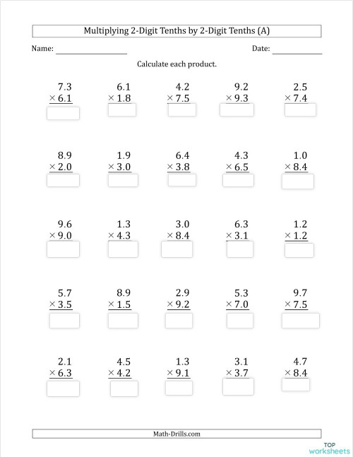 Multiplying Decimals tenths x tenths A. Interactive worksheet