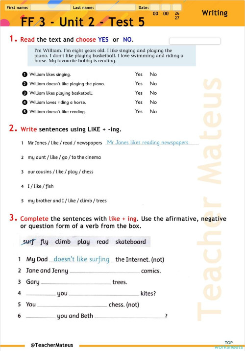 FF 3 - Unit 2 - Test 5 - Writing. Interactive worksheet | TopWorksheets