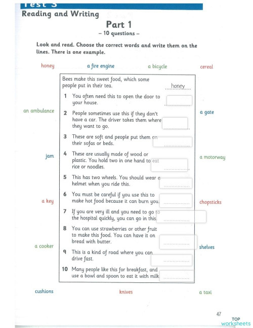 Flyers Aep3 Test 3 Reading And Writing Interactive Worksheet