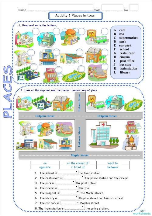 Activity 1 Places in town ใบงานเชิงโต้ตอบ | TopWorksheets