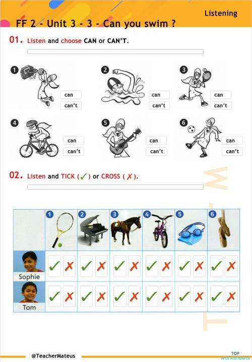 FF 1 - Unit 14 - 3 - Can you swim ? - Listening. Interactive worksheet ...