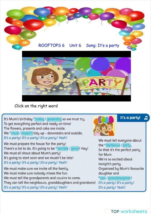 Song It's a party! Rooftops 6 Unit 3. Interactive worksheet