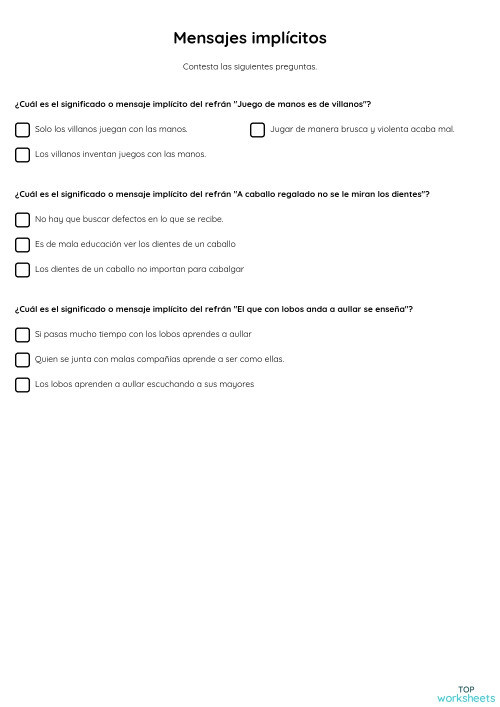 Mensajes implícitos. Ficha interactiva | TopWorksheets