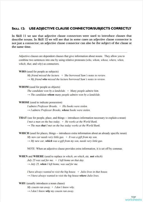 SK12-adjective clause connector/subjects. Interactive worksheet ...