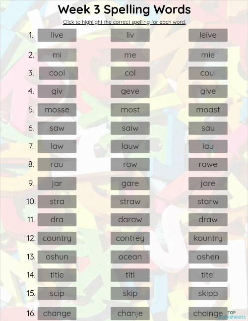 Spelling: interactive worksheets and online exercises | TopWorksheets