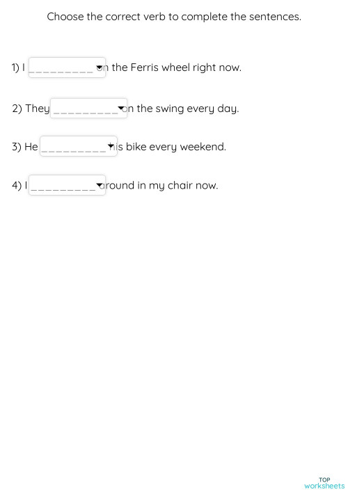 simple present vs. present continuous (ride, spin, swing). Interactive ...