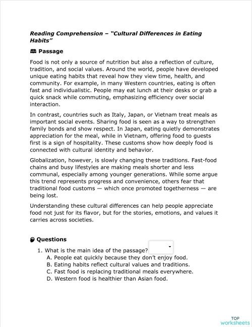 FOOD AND EATING. Interactive worksheet | TopWorksheets