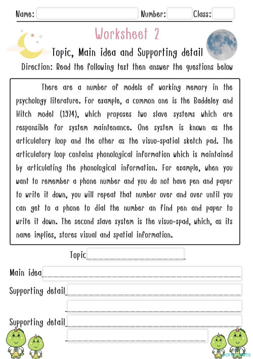 Worksheet 2 Topic, Main idea and Supporting detail. Interactive ...