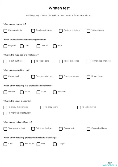 Written test. Interactive worksheet | TopWorksheets
