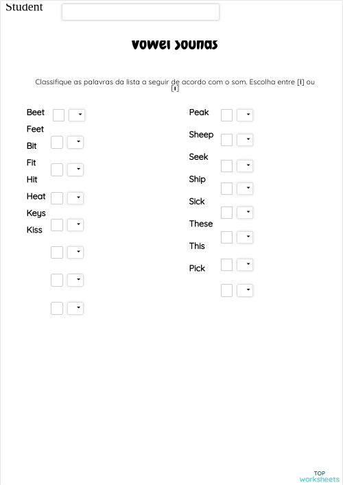 Vowel sounds [ɪ] e [i]. Ficha interativa | TopWorksheets