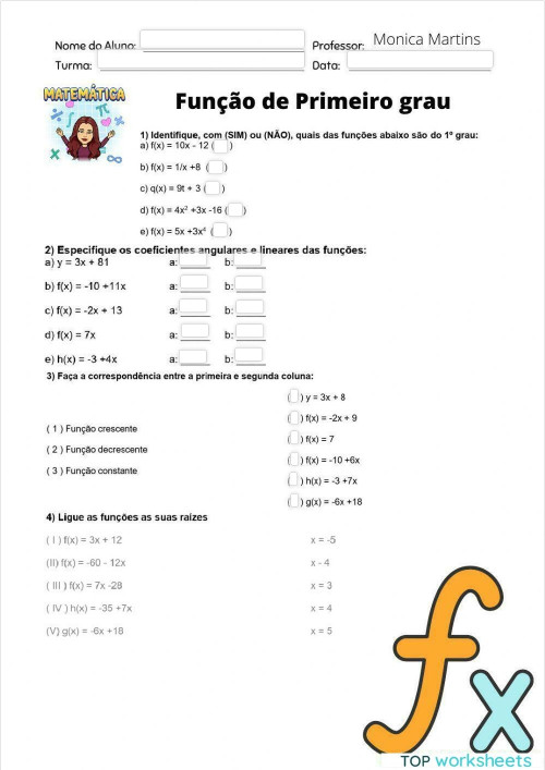 Função de primeiro grau.. Ficha interativa | TopWorksheets