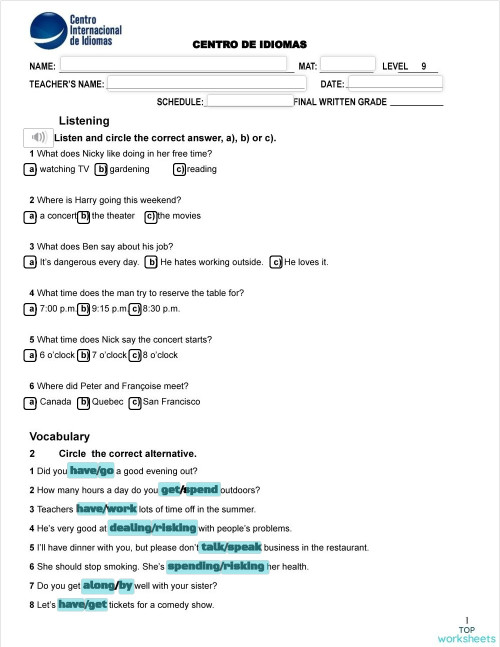 Level 9 Test. Interactive worksheet | TopWorksheets