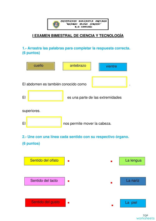 Examen Bimestral de Ciencia y Tecnología. Ficha interactiva | TopWorksheets