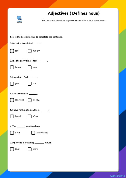 Adjectives ( Defines noun). Interactive worksheet TopWorksheets