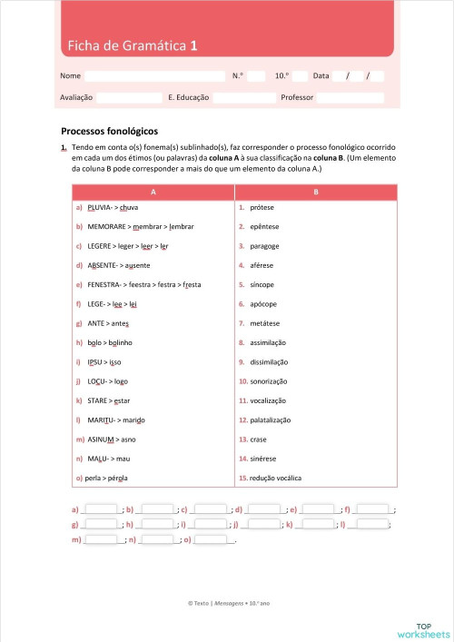 Ficha de Gramática 1. Ficha interativa | TopWorksheets
