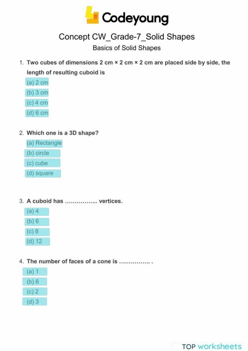Basics of Solid Shapes Concept CW. Interactive worksheet | TopWorksheets