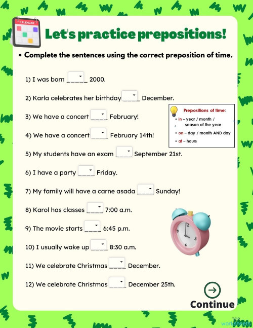 Let's practice prepositions of time and place!. Interactive worksheet ...