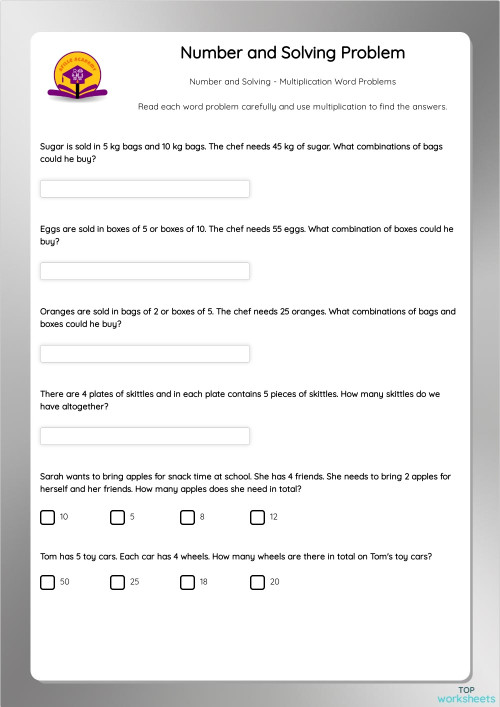 Number and Solving Problem. Interactive worksheet TopWorksheets